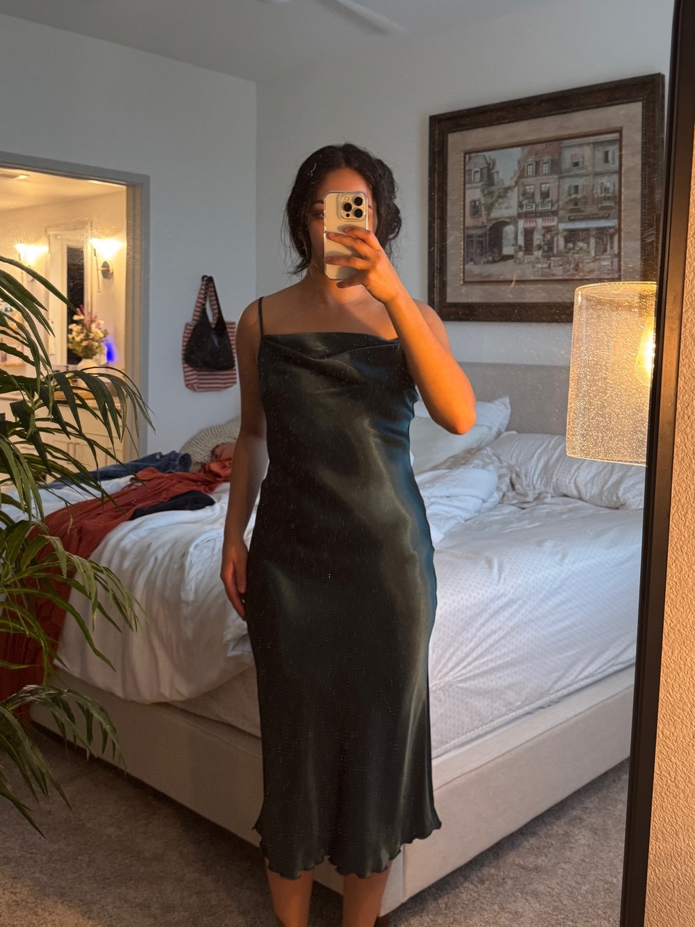 Bebe Dark Green Satin Slip Dress